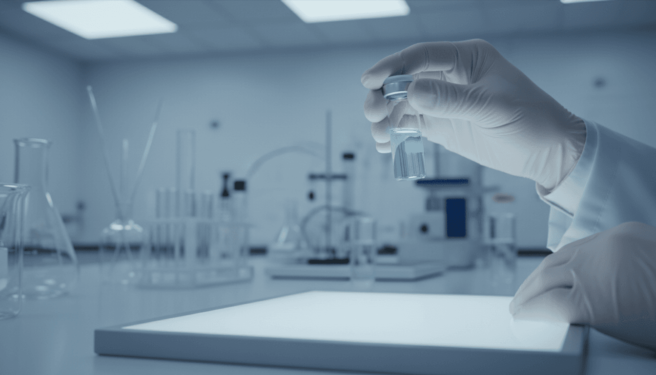 Pharmaceutical researcher examining a clear vial in a laboratory setting